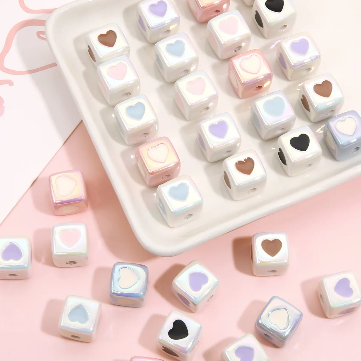 2pcs/lot DIY Jewelry Findings Cube Sqaure Acrylic Jewelry Beads with Oil Drop Love Heart Printing Ornament Accessories