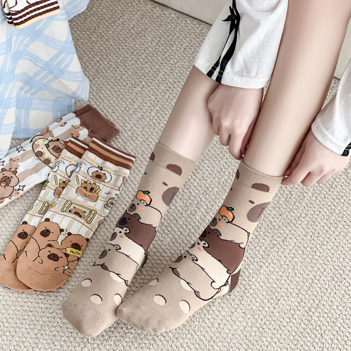 1/5Pairs For Capybara Socks Sets Retro Polyester Cotton Low Tube Women Socks Breathable Japanese Style Casual Mid-calf Sock
