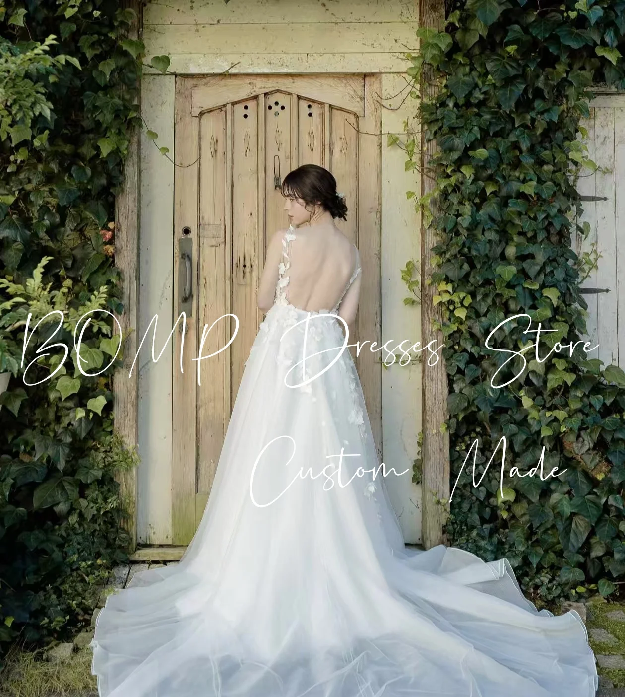 BOMP エレガントな 3D 花のウェディングパーティードレス V ネックバックレススイープトレインチュール韓国写真撮影ブライダルレセプションドレスカスタマイズ