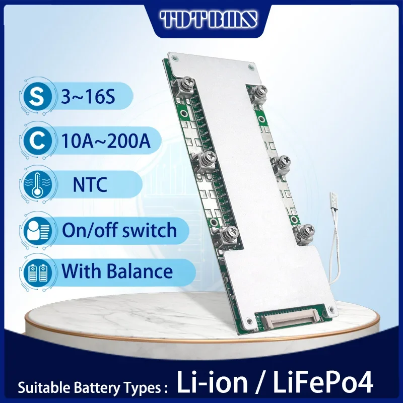 TDT Smart BMS Lifepo4 3S 4S 12V 7S 8S 24V 10S 12V 24V 13S 14S 15S 16S 60V Li-Ion 18650 Battery Packs 30A 50A 100A 150A 200A