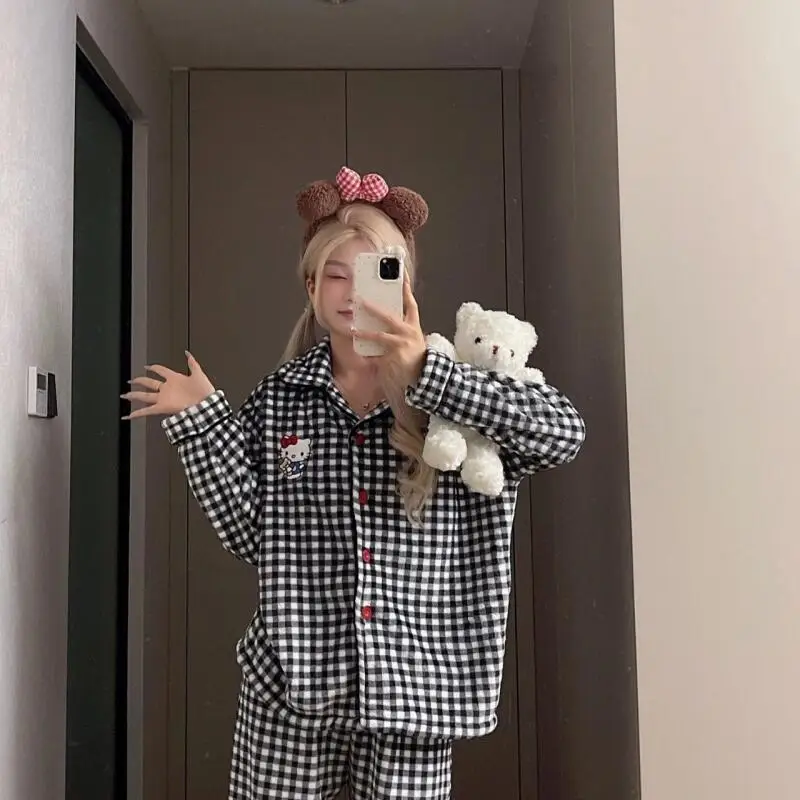 

Hello Kitty Flannel Pajamas Set Winter Warm Thick Plush Coral Fleece Women Homewear Sleepwear Cute Sweet Sanrio Loungewear