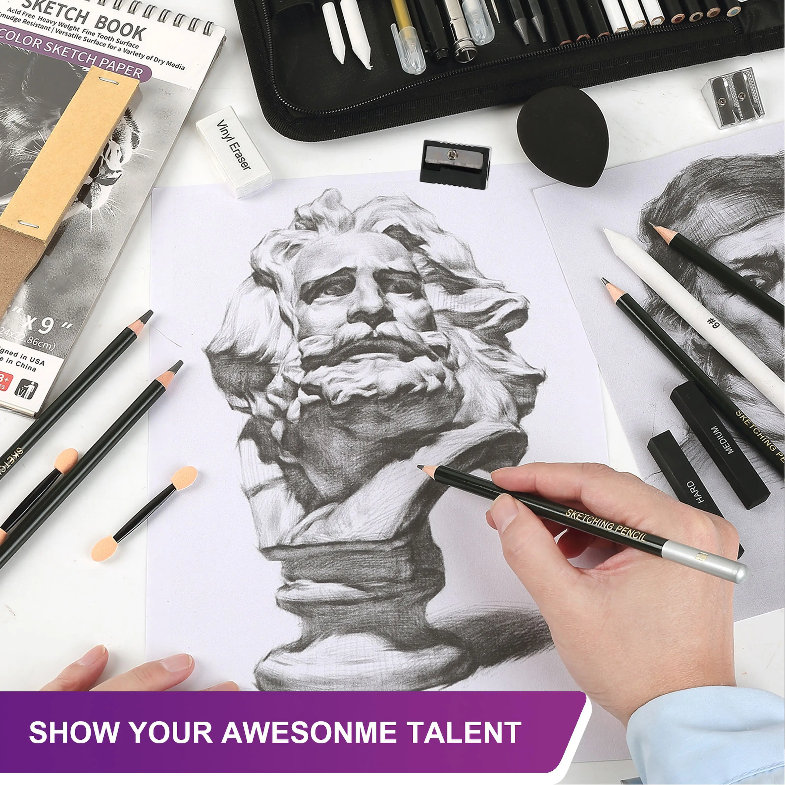مجموعة رسم مكونة من 70 قطعة، لوازم فنية احترافية مع كراسة الرسم، الجرافيت، الباستيل، أقلام الفحم، أدوات المزيج