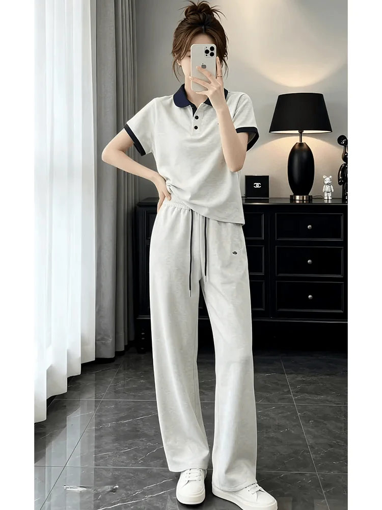 

Collar Color Block Short Sleeve T-Shirt Elastic Waist Casual Pants Two Piece Set Women Summer Fashion Complete Outfit