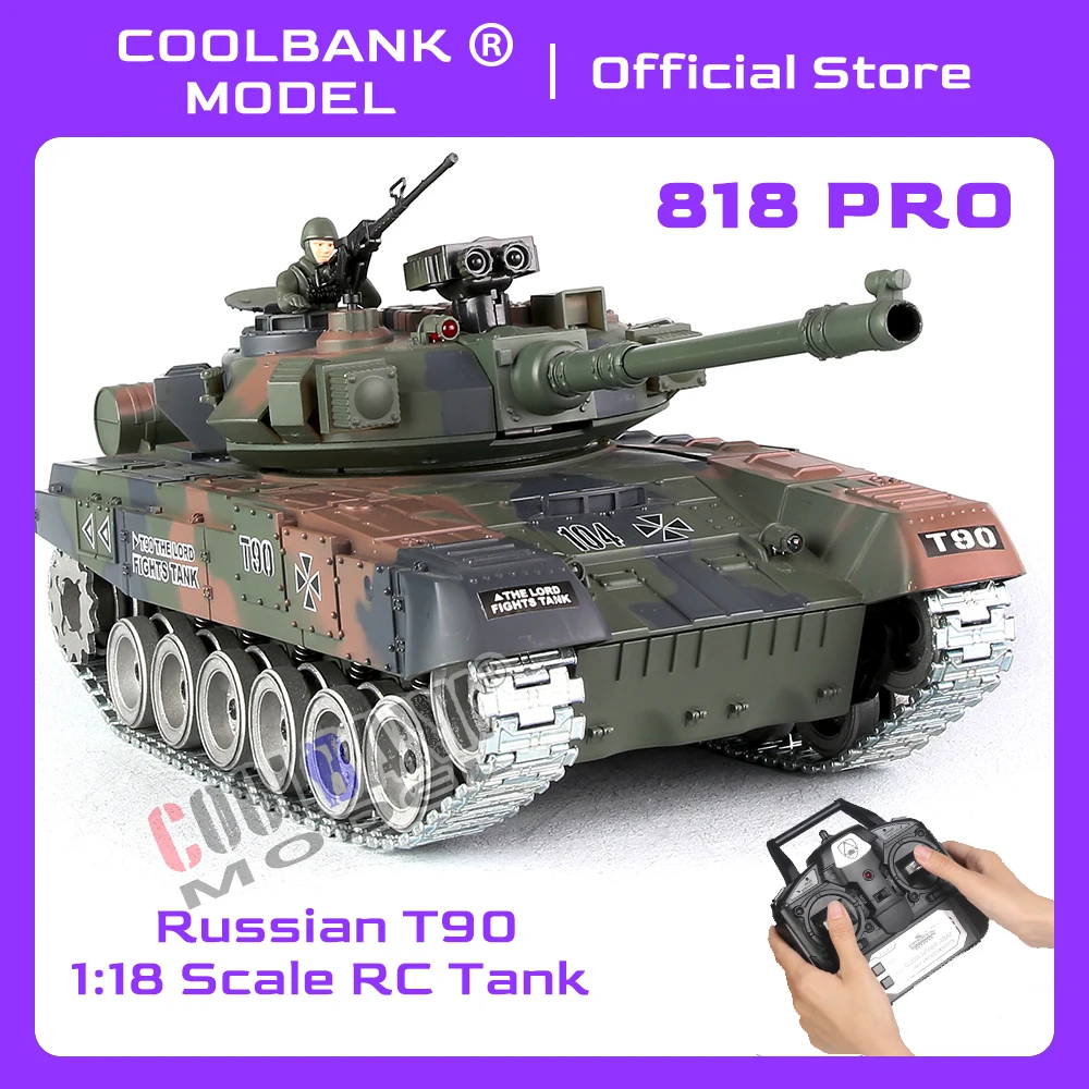 Coolbank RC Tank 1:18 Metal Tracks Remote Control Model Tank Toys 2.4Ghz RUS T-90 Army Tank with Light & Sound Military Vehicles