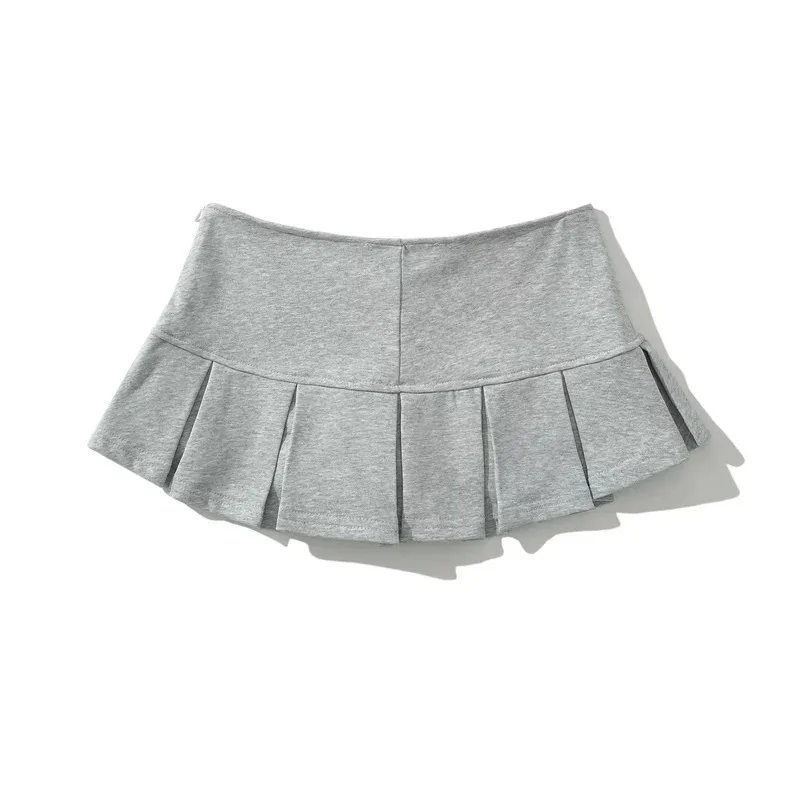 New Women\'s Terry Fabric Low Waist Y2K Mini Skirt Wide Pleat Decoration Light Grey Flounce A Line Skort Hot Sweet