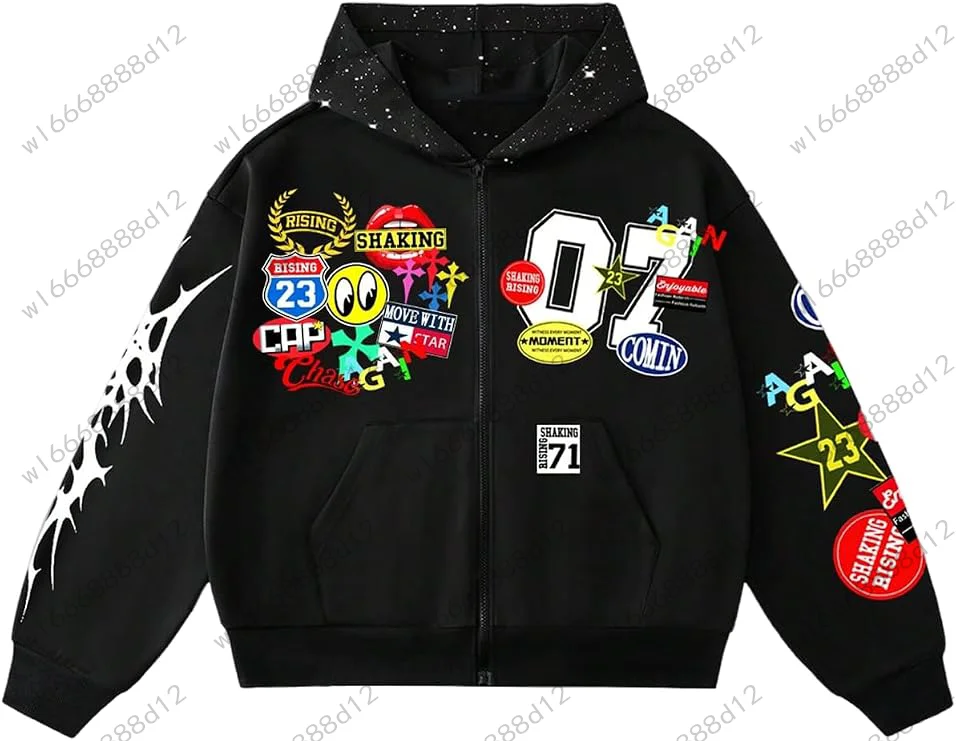 Y2K Zip Up Hoodie Men Vintage Graphic Print Streetwear Hip Hop Oversized Long Sleeve Hooded Sweatshirt Casual Jacket