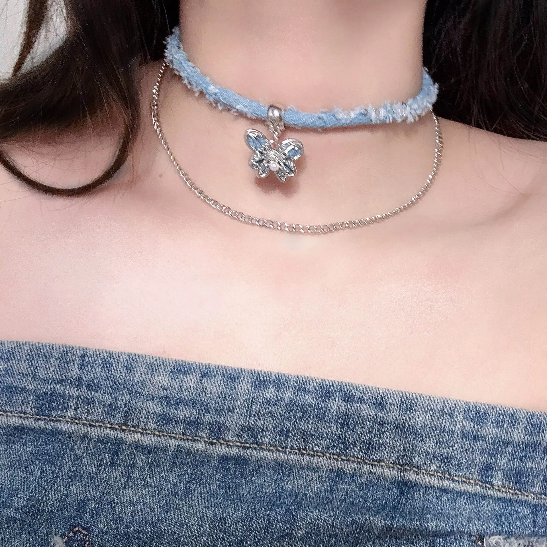 Vintage Distressed Denim Butterfly Pendant Double Layer Choker Necklace for Women Trendy Layered Collarbone Jewelry Non Tarnish