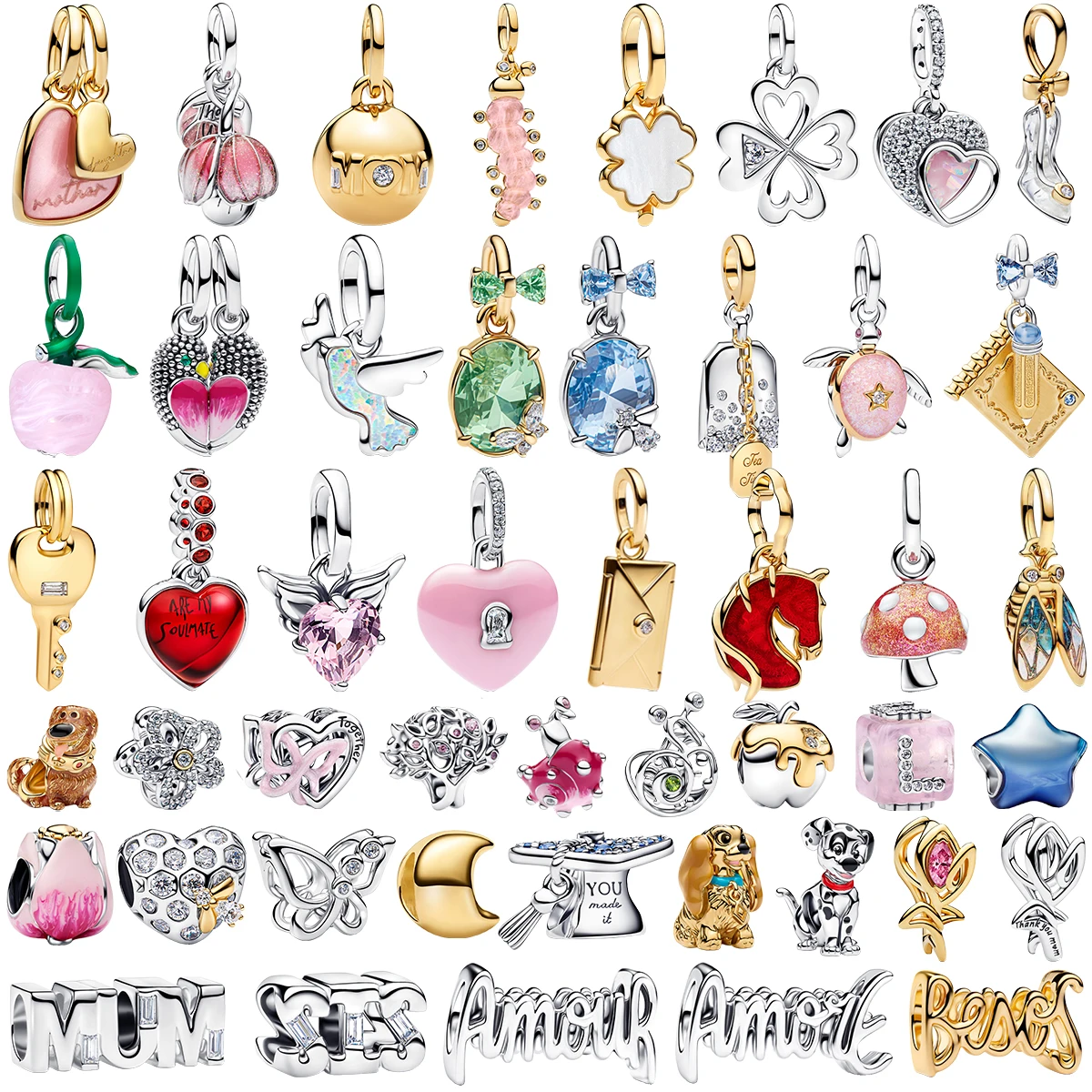 

Коллекция ювелирных украшений: браслеты и серьги из серебра S925 с розовыми сердечками, подвесками в виде голубей, бусинами в виде счастливого клевера, яблок и собачек.