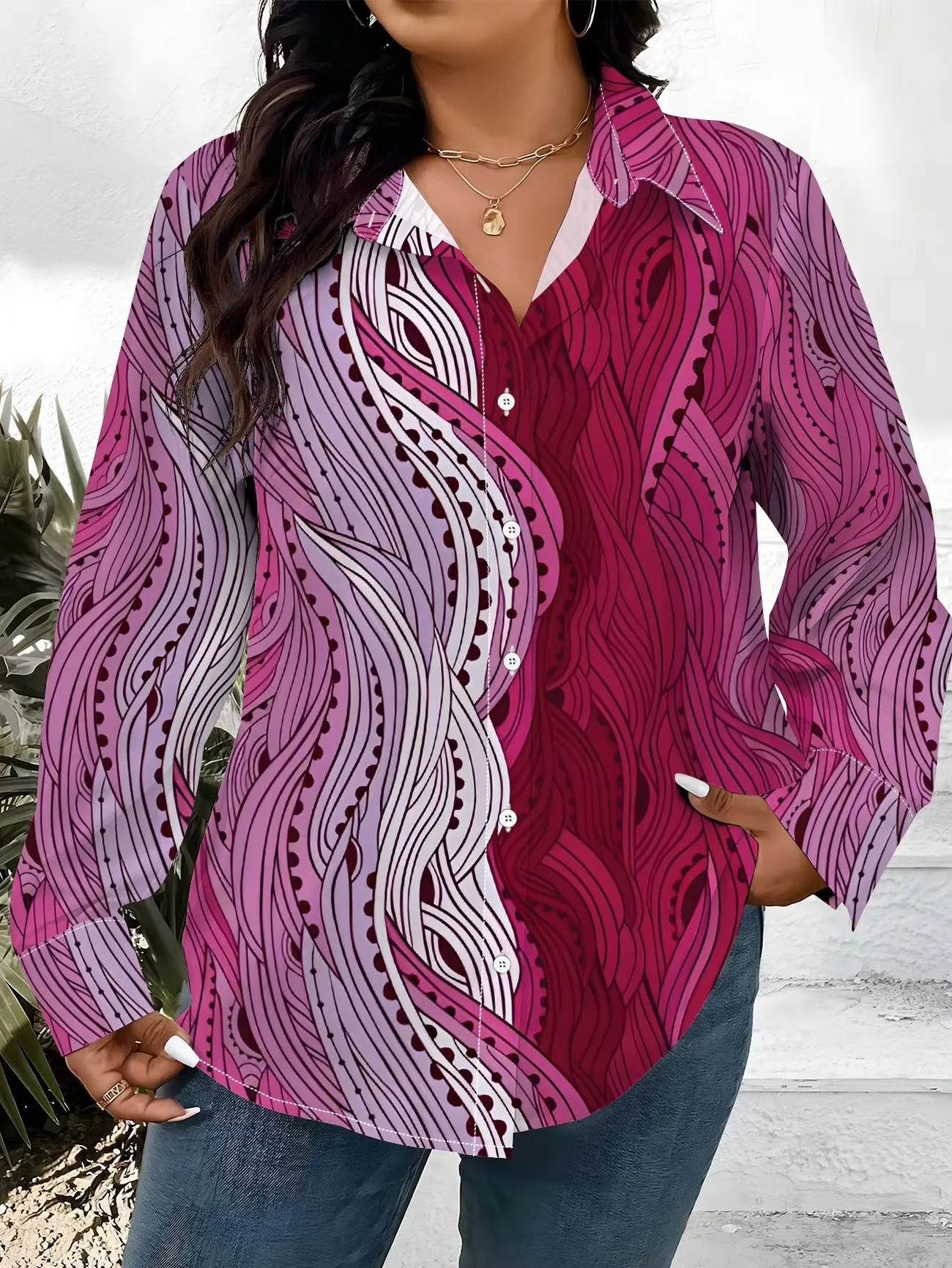 

Ladies 3D Gradient Print Shirt Spring Summer Long Sleeve Collared Casual Top with Buttons
