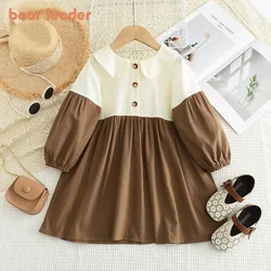 Bear Leader Kids Dresses for Girls Autumn New Children's Clothing White Collar Button Decorative Splicing Dress 3-7 Years Old
