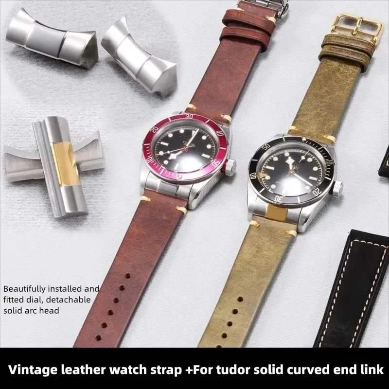 22mm solid stainless steel head For Tudor BLACK BAY 54 68 CHRONO GMT M79360 M79230 connector strap vintage leather