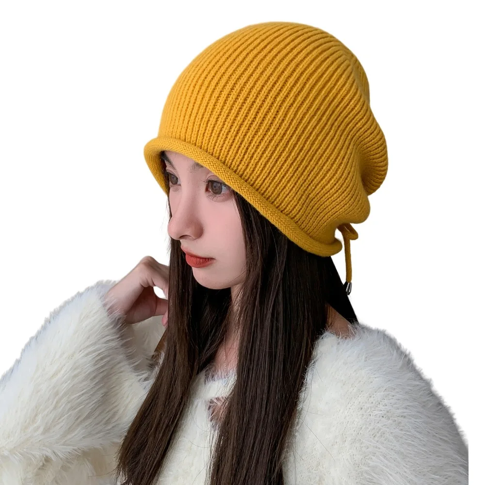 Hot Sale Knitted Pile Cap Ear Protection Solid Drawstring Stack Hat Windproof Winter Warm Cap Outdoor Sports