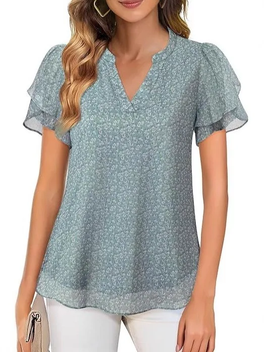 

Summer Women's Clothing V Neck Pearl Chiffon Top Ruffle Sleeve Floral Print Blouse For Woman Double Layer Slim Fit Casual Wear