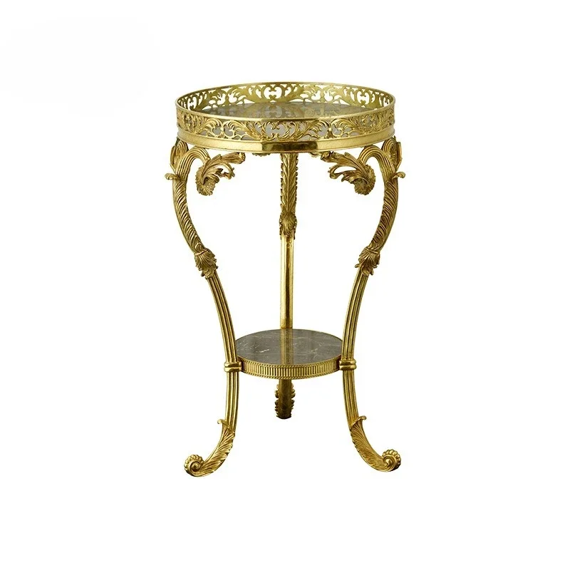 French European retro luxury villa living room foyer full copper lighting double-layer high flower stand balcony floor flower ta