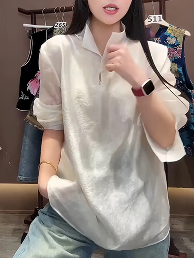 

Versatile Long Sve Turn-down Collar irt Women's Korean Sle Spring Autumn New High-ade Profional Commuting Top