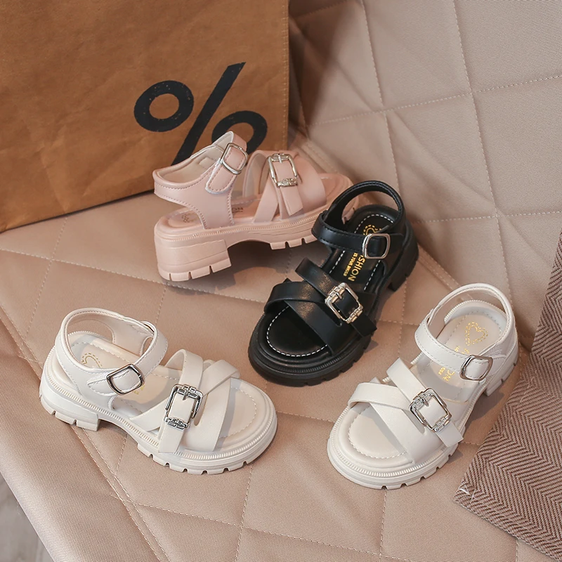 

Little Girls Chunky Roman Sandals with Buckle 2026 New Summer Kids Vacation Beach Shoes Non-slip Simple School Party Footwear