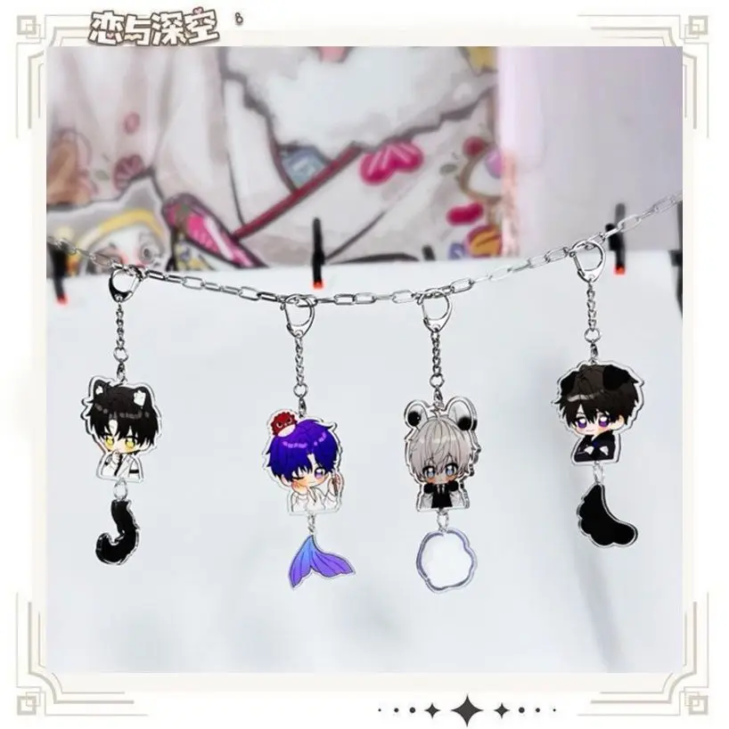 أنيمي الحب و Deepspace Caleb Sylus Xavier Zayne Rafayel الشكل الملونة سلسلة مفاتيح مصنوعة من الأكريليك على ظهره قلادة الكرتون هدية عيد الميلاد