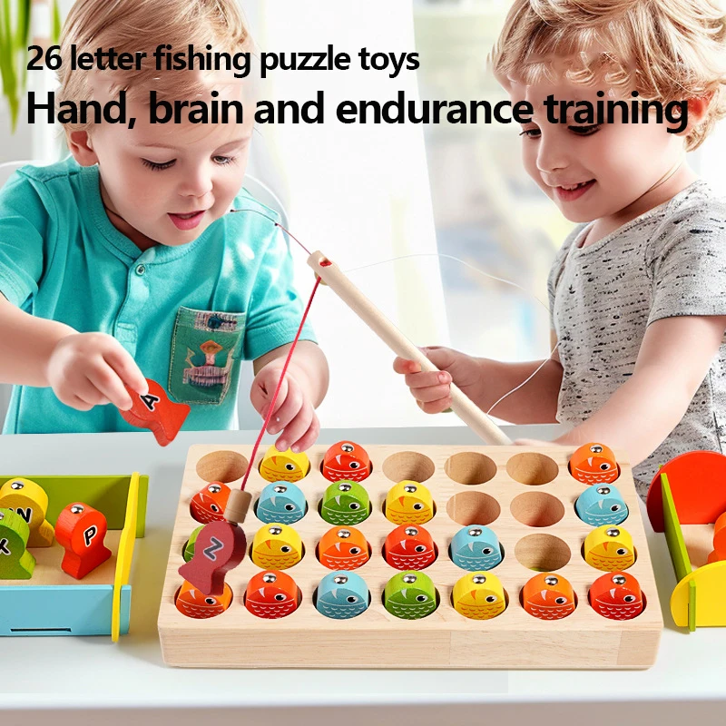 Montessori Children's Wooden Fishing Toys Magnetic 26 Letter Cognitive Puzzle Toy Games Parent-Child Interactive Educational Toy