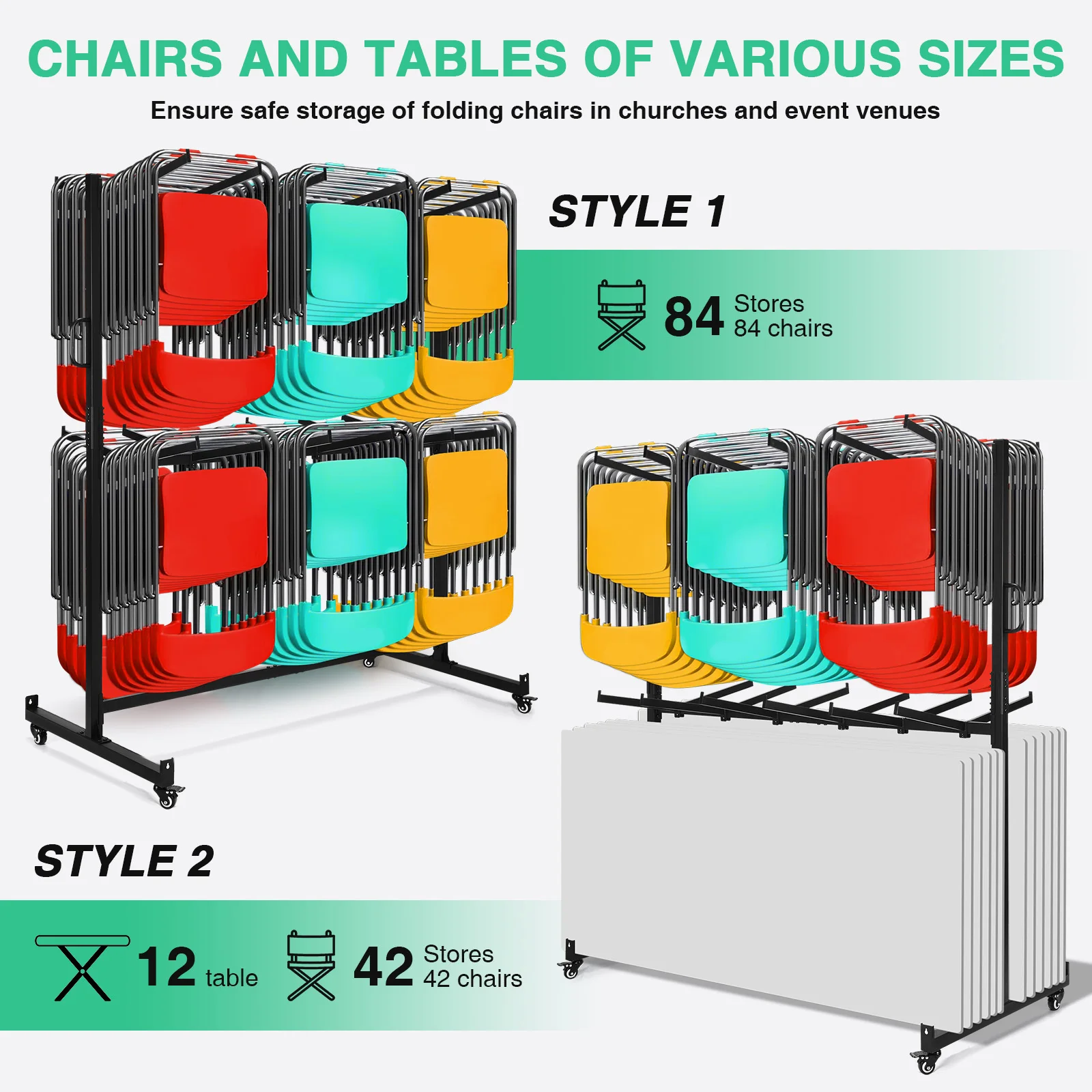 Folding Chair Rack with Locking Rubber Wheels Heavy Duty Folding Chair Cart Folding Chair and Table Rack for 84 Folding Chairs