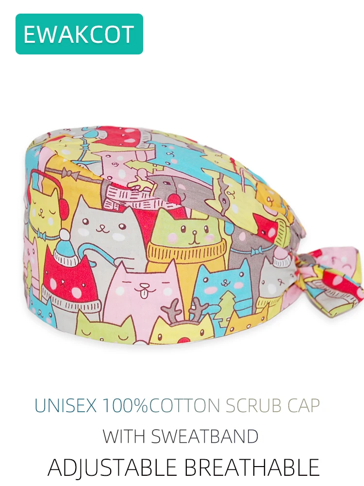 Katten Gedrukt Tandheelkundige Cap 100% Katoen Cordlock Lang Haar Chirurgische Caps Vrouwen mannen Zachte Chef Spa Dierenwinkel Kliniek Werken Hoeden Unisex
