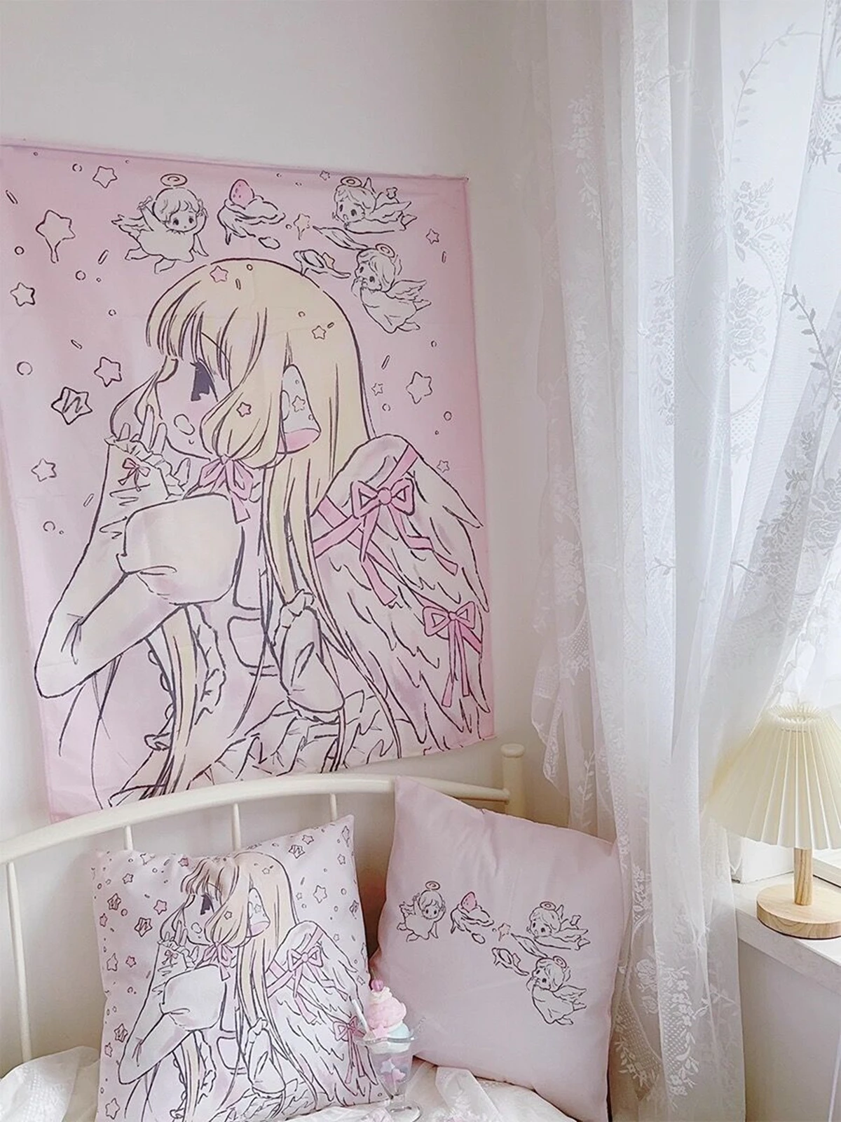 Tapeçaria de parede para decoração de casa, Kawaii Anime Pink Girl, fundo do quarto, bonito moda tapeçarias para senhora