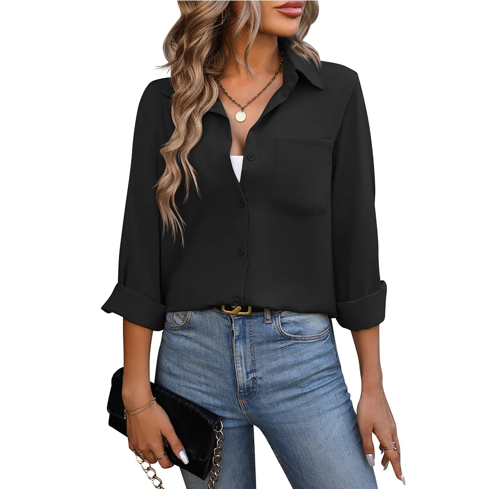 Camisa de manga larga con cuello vuelto para mujer, blusa informal a la moda para oficina, primavera y verano, 2024