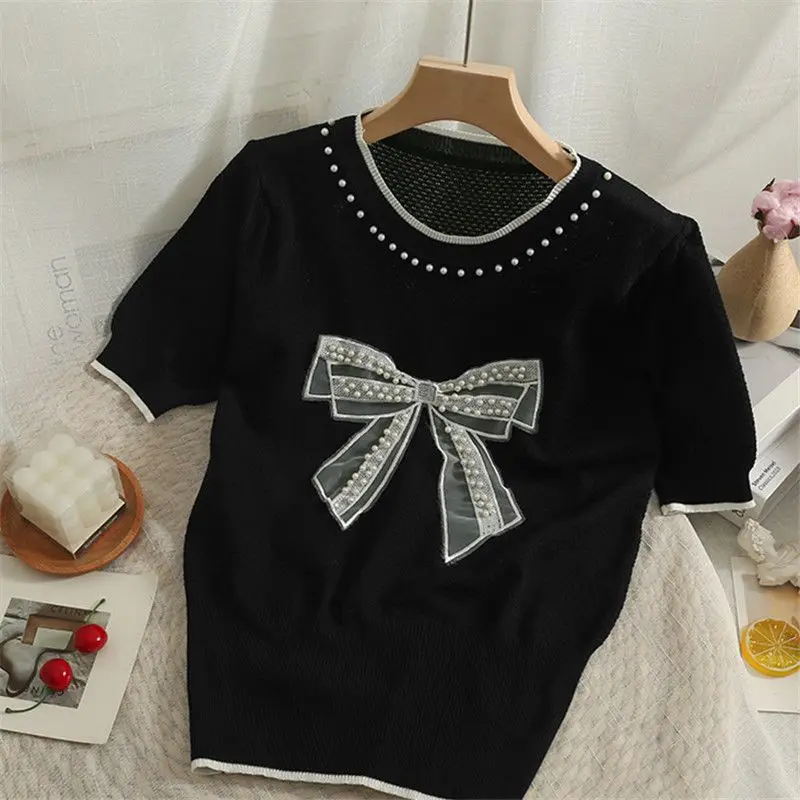 Women\'s Clothing Fashion Bow Knot Embroidered Flares Knit T-shirt Summer Elegant Solid Patchwork O-neck Short Sleeve Top Tees