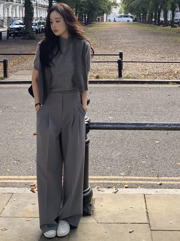 Casual Commute Suitable Double Scene Adapted Drapey Fabric High Waist Pleated Versatile Suit Long Pants Korean Style Women's ...