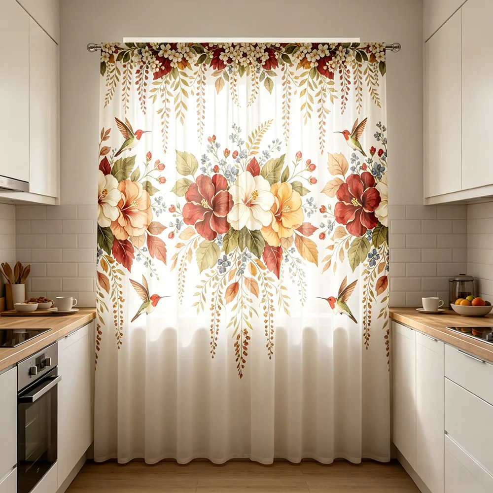 1PC Sheer Curtain Autumn Flower Spike Wheat Brown Print, Rod Pocket Window Curtain for Living Room Fall Home Decor