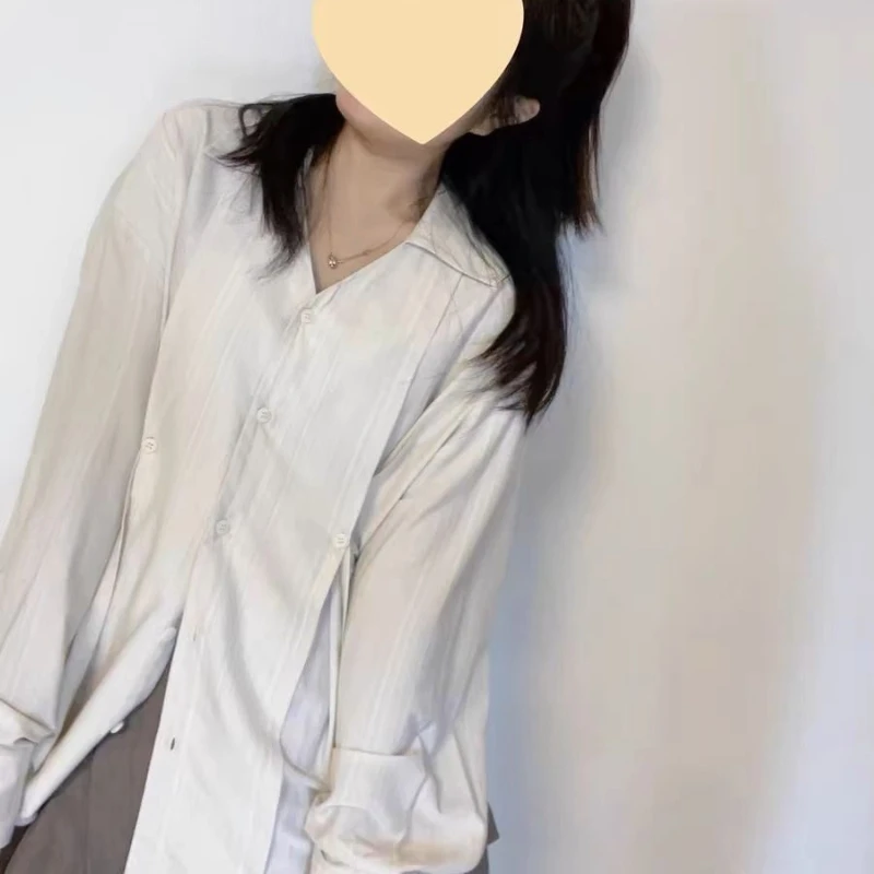 Women Shirts Slim Waist Ruched Casual Solid Color Long Sleeve Office Lady Single Breasted Spring Vintage Korean Design Thin Ins