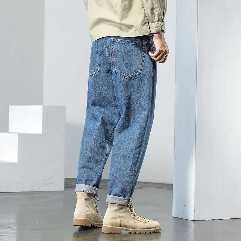 High quality long baggy jeans for men plus size light wash cotton denim vintage casual trousers new 2024 clothing - blue