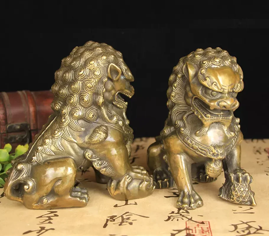 العتيقة البرونزية الباب فنغشوي الحرس فو فو الكلاب الأسد تمثال الأسود زوج #5