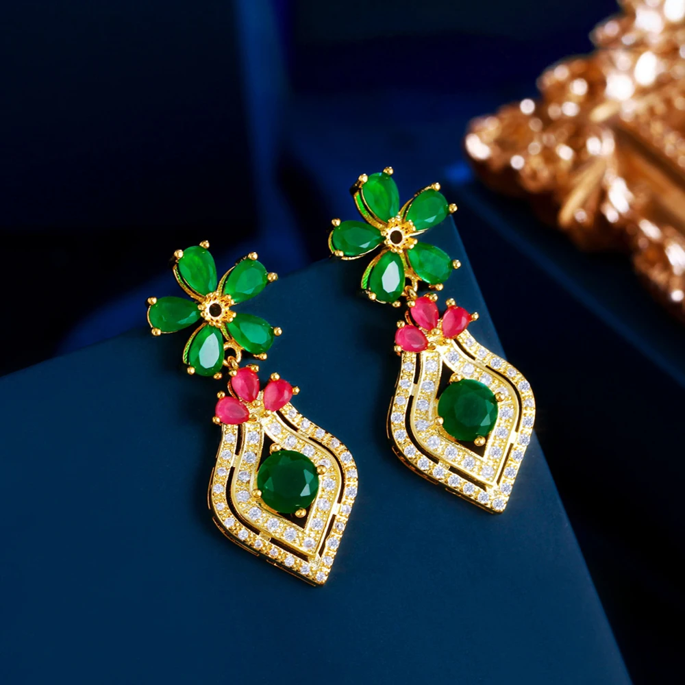 BeaQueen Creative Green Red Cubic Zirconia Gold Plated Flower Dangle Long Earrings for Women Birthday Party Jewelry Gifts E623