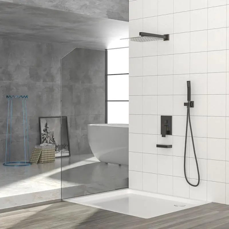 

12 Inch Wall Mounted Shower System with Waterfall Tub Spout and Rough-in Valve, Oil Rubbed Bronze Finish