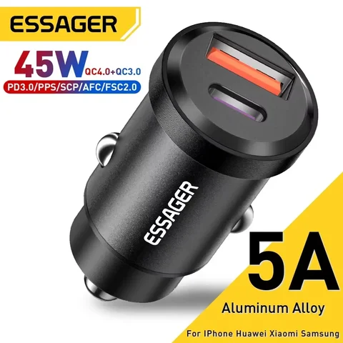 Essager-45W USB 차량 충전기, QC 4.0 PD 3.0 SCP 5A USB c형 아이폰 14 13 프로 화웨이 샤오미 삼성 S22 울트라 고속 충전