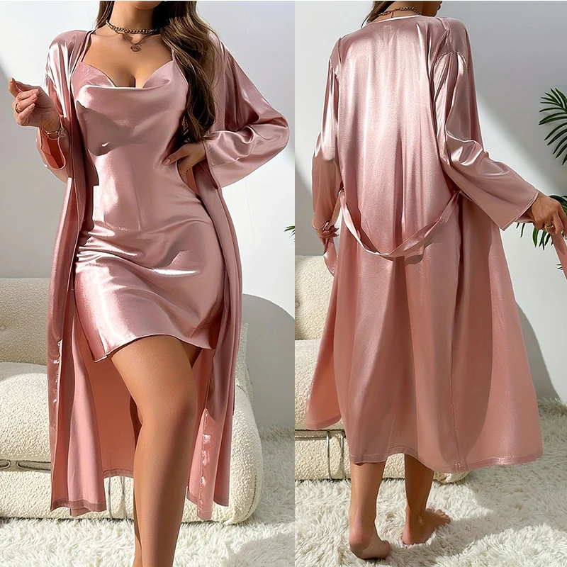 Women Summer Stain Ice Silk Pajamas Set Ladies Nightgowns 2pcs Satin Robes and Nightdress Set Home Wear Loungewear