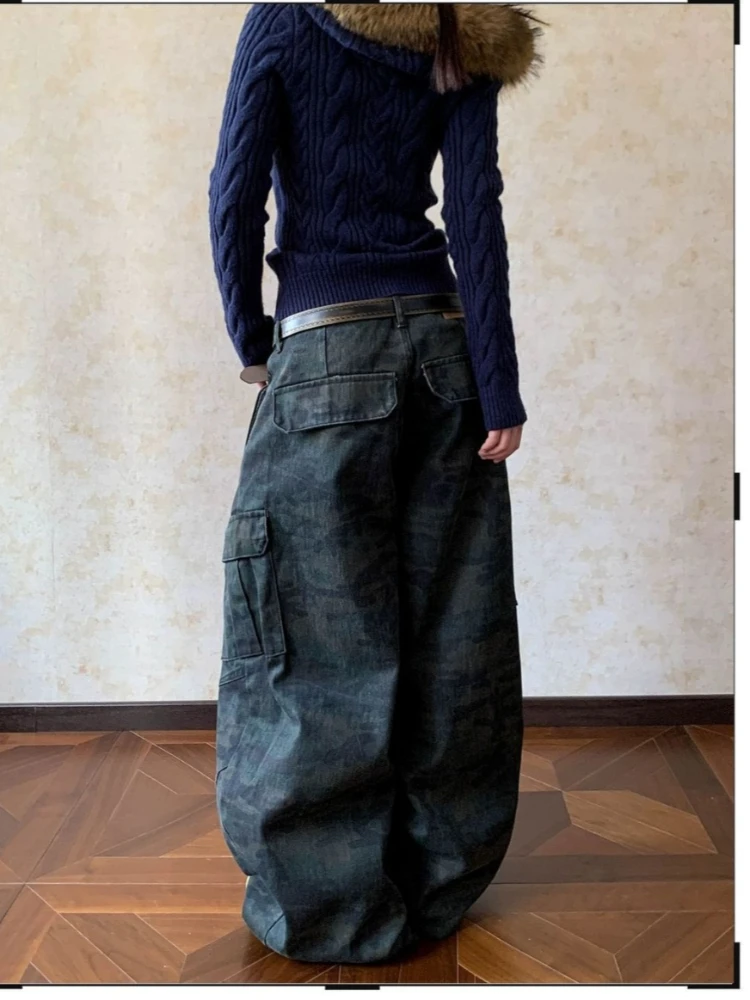 

Y2K Aesthetic Streetwear High Waist Multi-Pocket Loose Fit Trousers Women's Camouflage Cargo Jeans Baggy Wide Leg Denim Pants