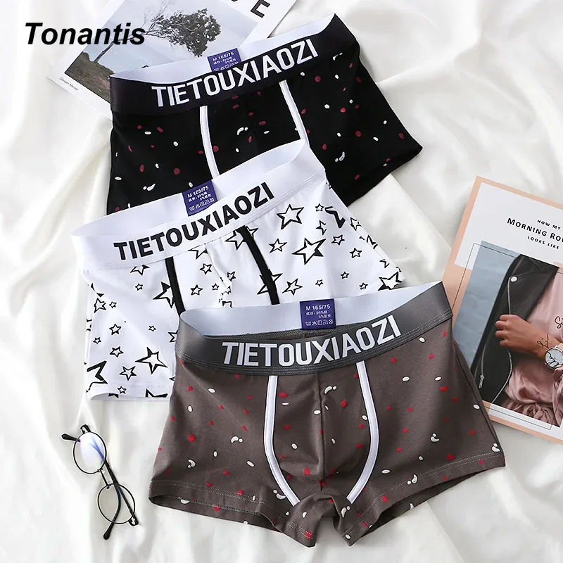 3Pcs/Set Mens Underwear Fashion Cotton Boxer Shorts Creative Stars Printing Men\'s Panties Plus Size Breathable Male Underpants