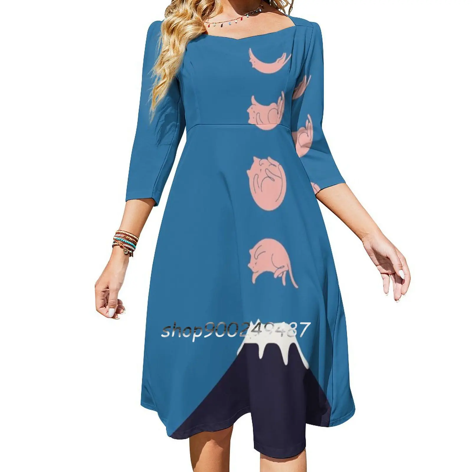

Cat Landscape 73 Square Neck Dress New Plus Size Elegant Women Waist Tight Dress Cat Cat Lover Cute Cat Cat Art Cat Drawing