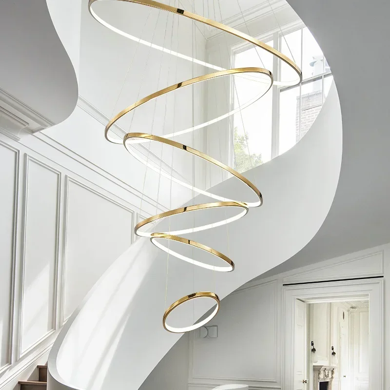 Modern simple living room hollow chandelier duplex building hotel light luxury lamp ring stainless