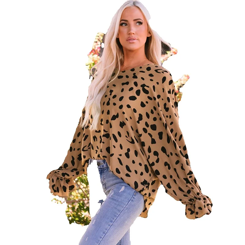 

Leopard V-Neck Ruffled Cuffs Loose Fitting Top For Women's Autumn New Fashion T-Shirt 25116425