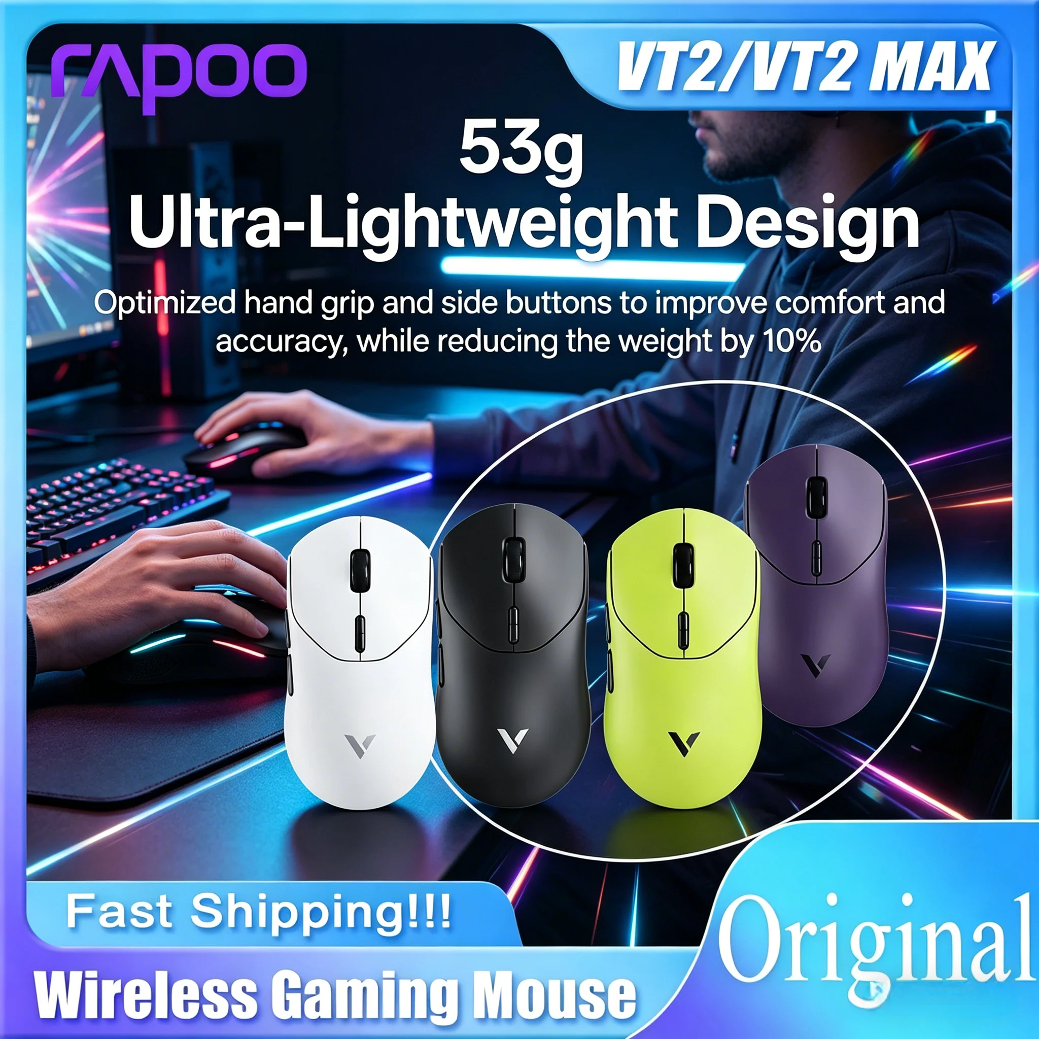 Hot Sale Rapoo VT2 MAX Wireless Gaming Mouse 8K Polling Rate 53g Ultra Lightweight Optical E-sports Mouse Fast Shipping