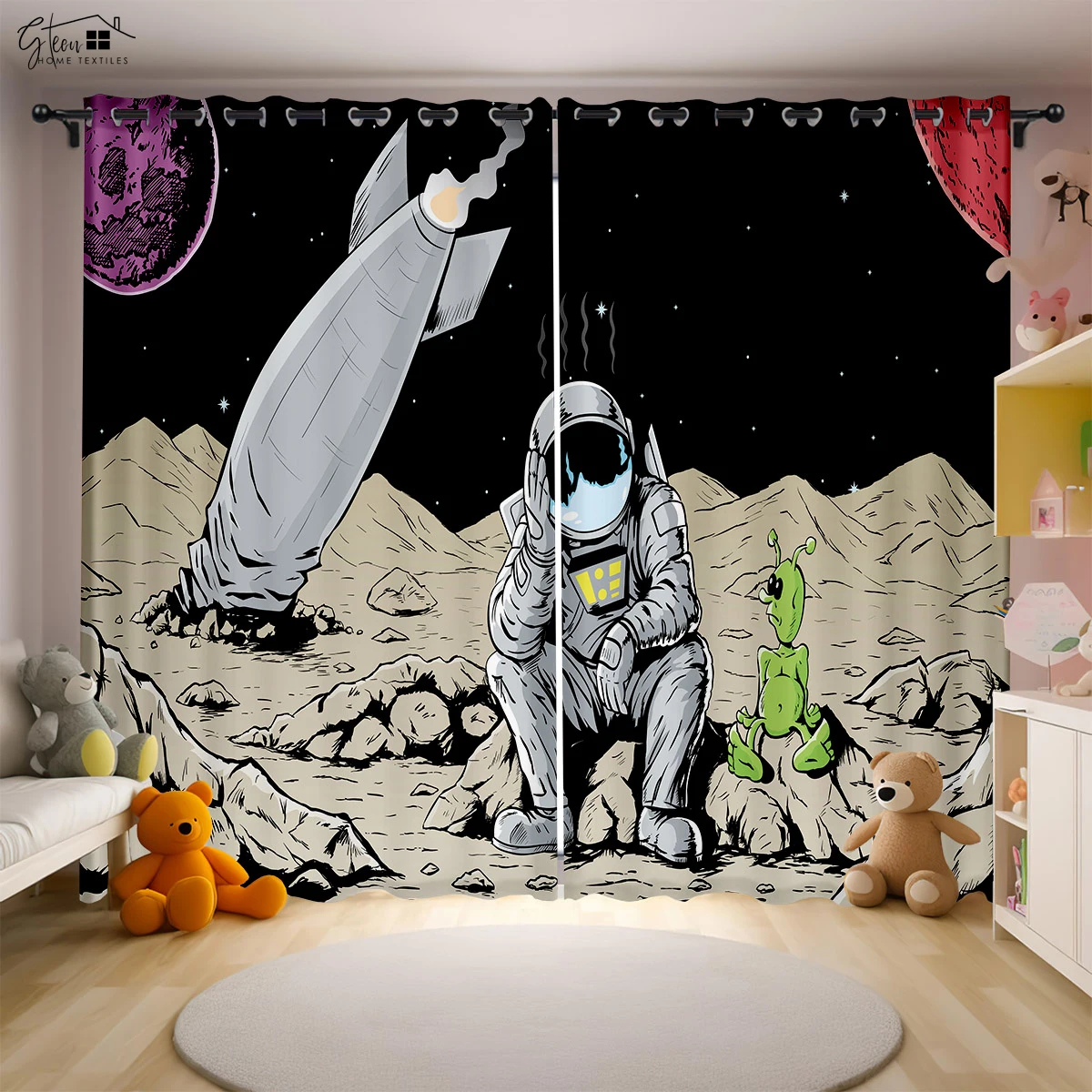 Cartoon Spaceman Astronaut Curtains Universe Galaxy Rocket Moon Bedroom Living Room Children's Room Decorative Curtains 2PCS