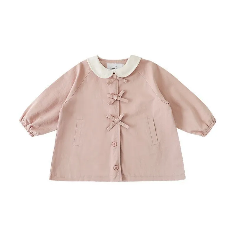 

2025 Girls' Windbreaker Coat Spring and Autumn Bow Retro Western Style Coat Children's Collar Pink Top