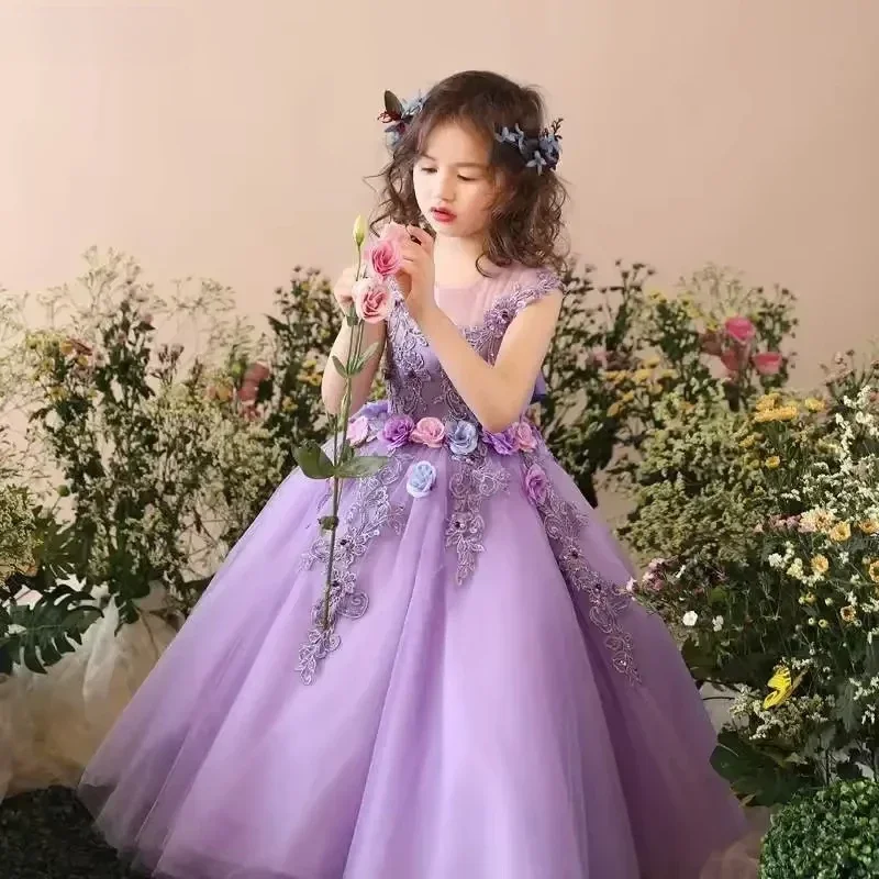 Girls Wedding Flower Girl Dress Sheer Neckline Floral Embroidered Tulle Gown 3D Flower Applique Birthday Party Formal Occasion C