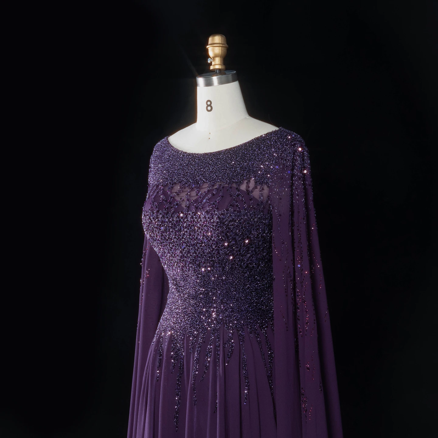 Sharon Said Abendkleid Luxuriöses A-Linien-Kleid mit Pailletten, Cape-Ärmeln und Perlen für Hochzeit, Abschlussball, Dubai, formelle Party, Ballkleid SS105, maßgeschneidert – Detail 15