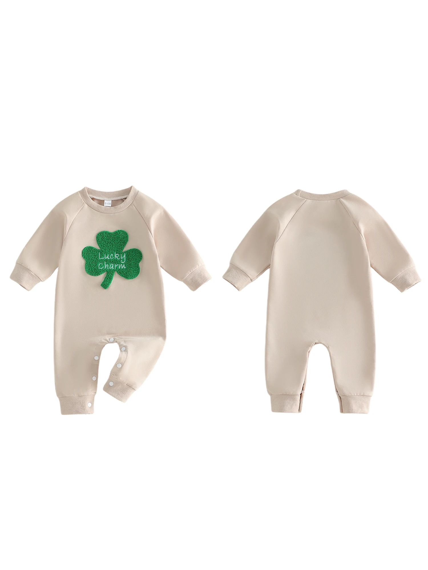 ชุดเด็กผู้ชายวันเซนต์แพทริค ชุดจั๊มสูทคอกลมแขนยาวพิมพ์ลายแชมร็อคสีเขียว ชุดรอมเปอร์ทรงหลวมพร้อมงานปัก