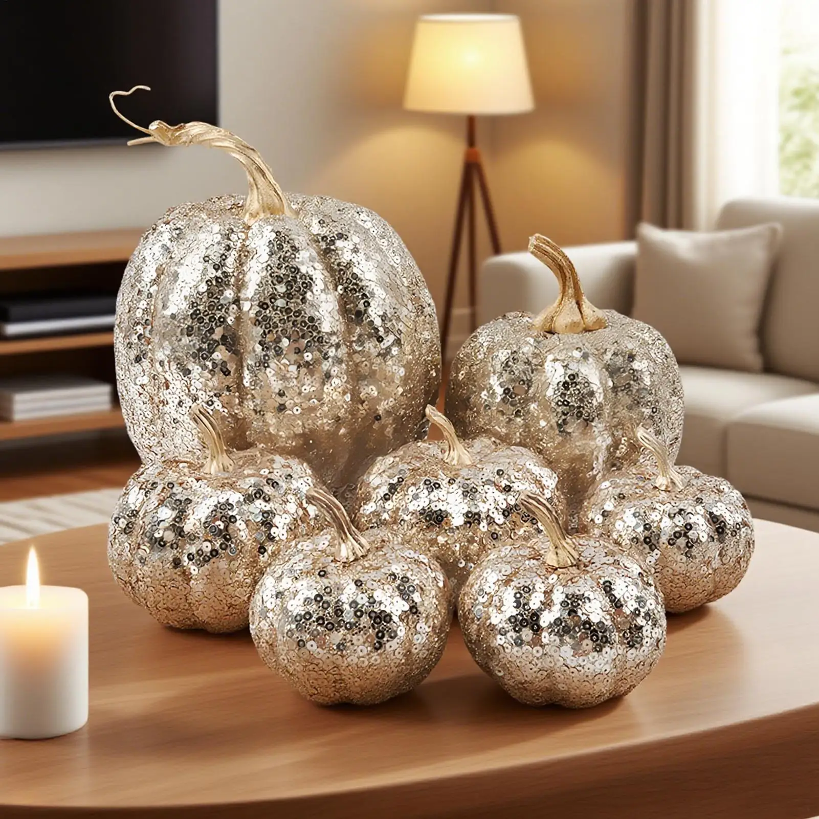 

Fake Pumpkins Fall Halloween Decorations Festive 7 Pieces Ornament Glitter Statue for Party Table Shelf Holiday Hallway Bedroom