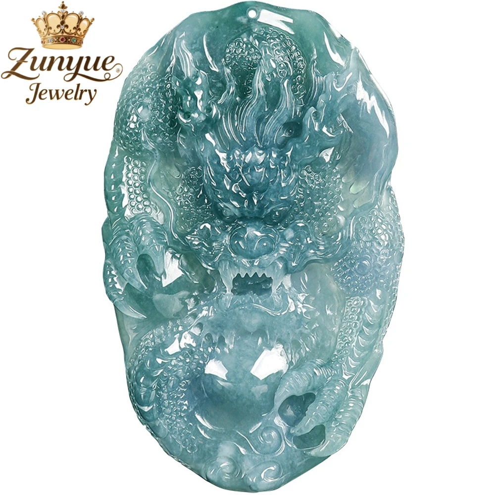 

Natural A-Grade Jadeite Blue Water Divine Dragon Protecting The Main Dragon Pendant, Grand Zodiac Dragon Pendant Charms Elegant
