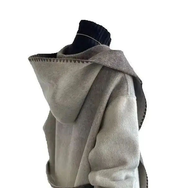 Mid-Length Gray Woolen Coat With Contrasting Color Cape Coat And Hooded High-End Feel